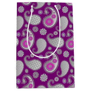 Paisley pattern, Silver Grey / Grey on Deep Purple Medium Gift Bag
