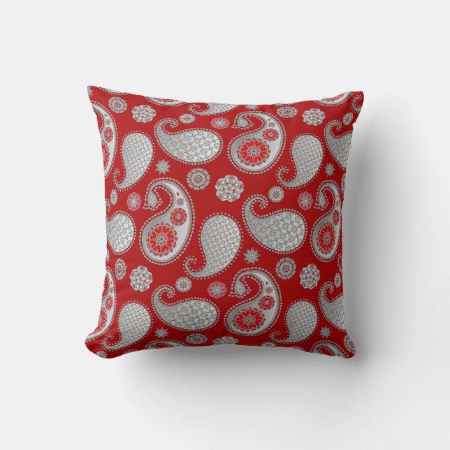 Paisley pattern, Silver Grey / Grey on Deep Red Cushion (Front)