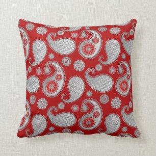 Paisley pattern, Silver Grey / Grey on Deep Red Cushion
