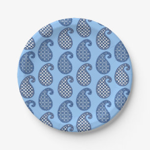 Paisley pattern, sky blue, navy and white paper plate