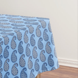 Paisley pattern, sky blue, navy and white tablecloth
