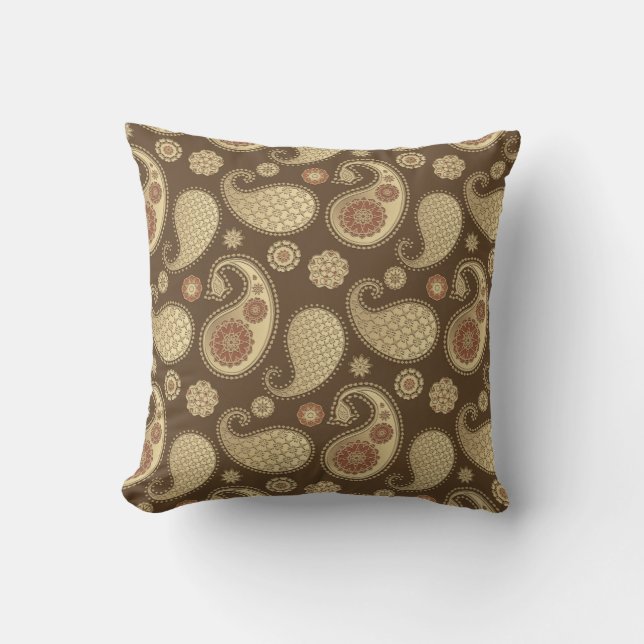 Paisley pattern, Soft Gold on Chocolate Brown Cushion (Front)