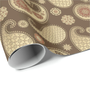 Paisley pattern, Soft Gold on Chocolate Brown Wrapping Paper