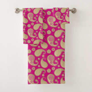 Paisley pattern, Soft Gold on Deep Fuchsia Pink Bath Towel Set