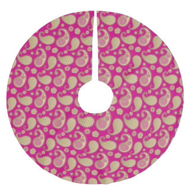 Paisley pattern, Soft Gold on Deep Fuchsia Pink Brushed Polyester Tree Skirt (Front)