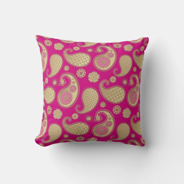 Paisley pattern, Soft Gold on Deep Fuchsia Pink Cushion (Front)