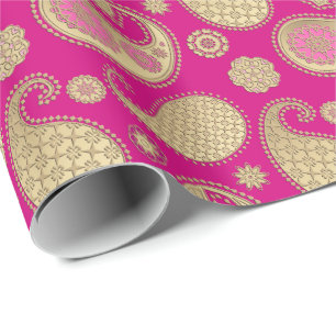 Paisley pattern, Soft Gold on Deep Fuchsia Pink Wrapping Paper