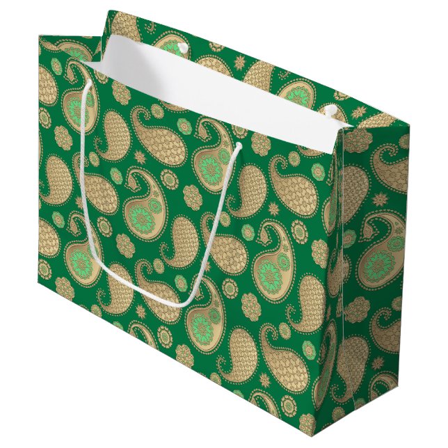 Paisley pattern, Soft Gold on Emerald Green Large Gift Bag (Front Angled)