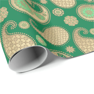 Paisley pattern, Soft Gold on Emerald Green Wrapping Paper