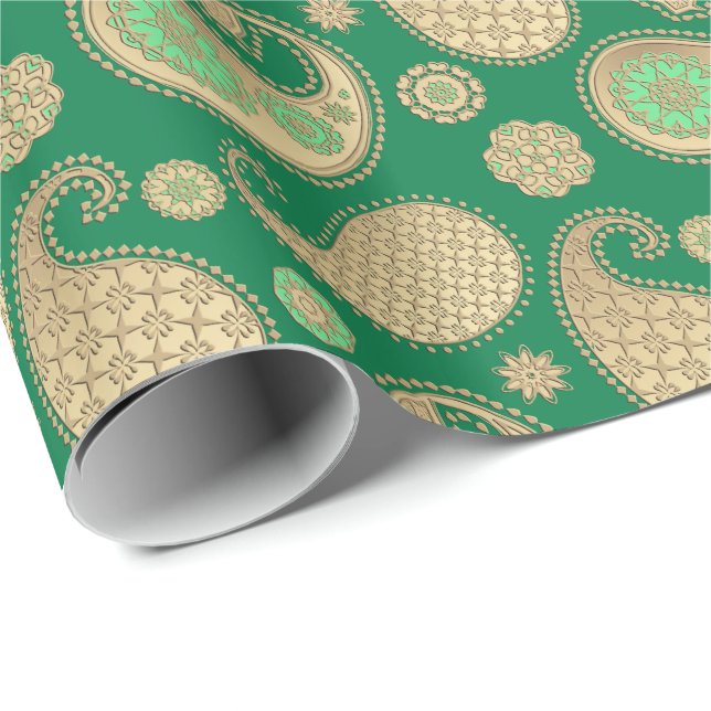 Paisley pattern, Soft Gold on Emerald Green Wrapping Paper (Roll Corner)
