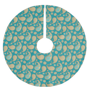 Paisley pattern, Soft Gold on Turquoise Brushed Polyester Tree Skirt