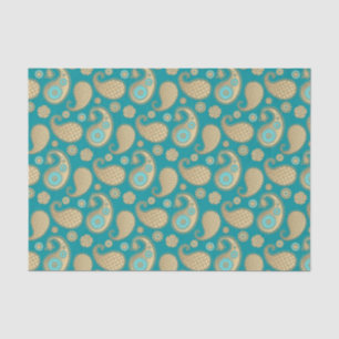 Paisley pattern, Soft Gold on Turquoise Tissue Paper