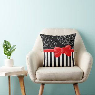 Paisley Pattern, Stripes, Lines, Black and White Cushion