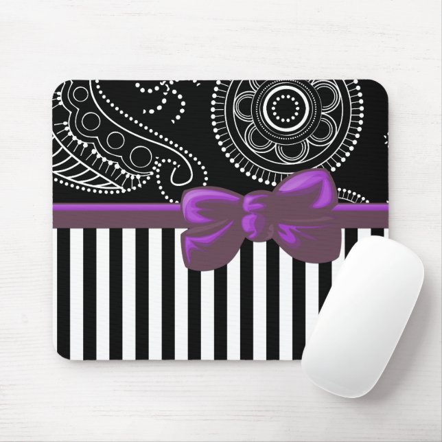 Paisley Pattern, Stripes, Lines, Black and White Mouse Pad (With Mouse)
