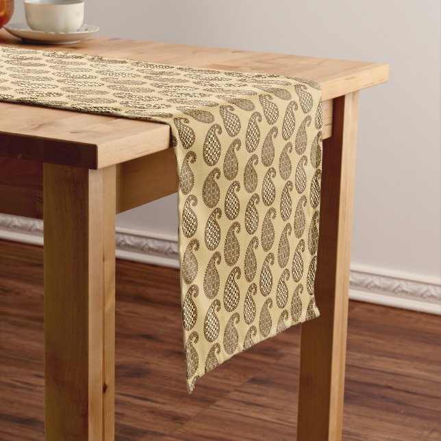 Paisley pattern, tan, cream and chocolate short table runner (In Situ)
