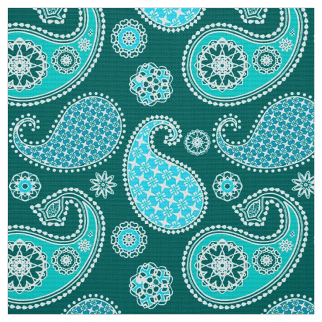 Paisley pattern, Teal, Aqua and White Fabric (Swatch)