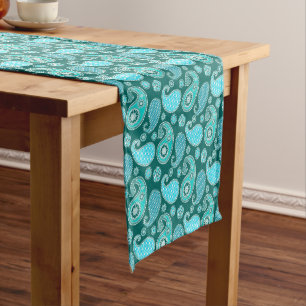 Paisley pattern, Teal, Aqua and White Short Table Runner