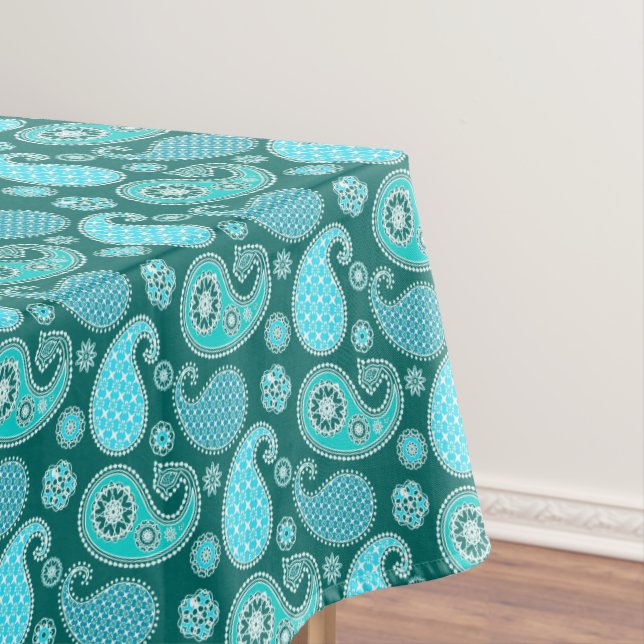 Paisley pattern, Teal, Aqua and White Tablecloth (In Situ)