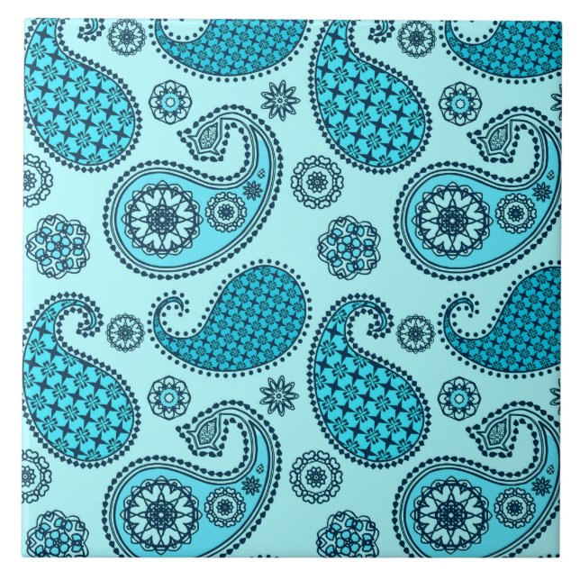 Paisley pattern, turquoise, aqua and navy tile (Front)