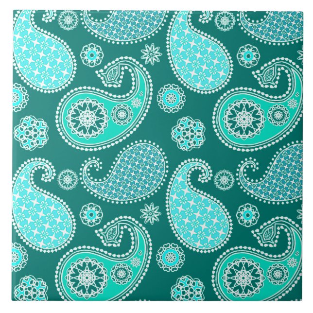 Paisley pattern, Turquoise, Aqua and White Ceramic Tile (Front)