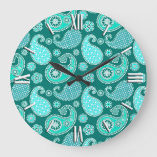 Paisley pattern, Turquoise, Aqua and White Large Clock