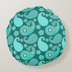 Paisley pattern, Turquoise, Aqua and White Round Cushion