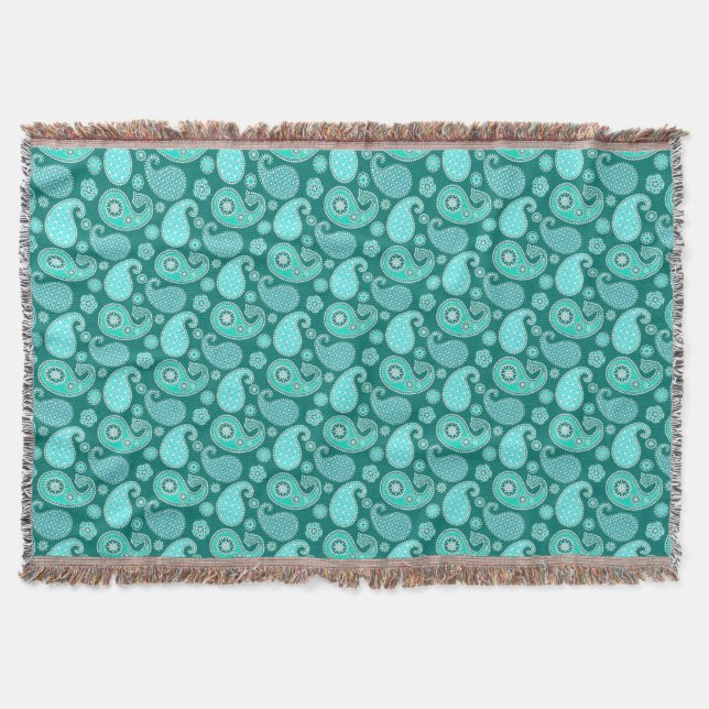 Paisley pattern, Turquoise, Aqua and White Throw Blanket (Front)