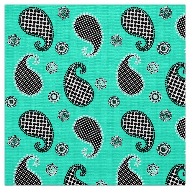 Paisley pattern, turquoise, black and white fabric (Swatch)