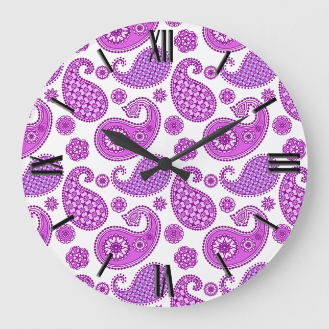 Paisley pattern, violet, purple and white large clock (Front)