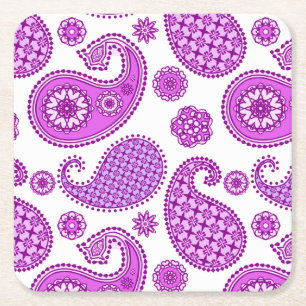 Paisley pattern, violet, purple and white square paper coaster