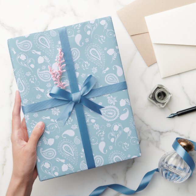 Paisley Pattern White and Blue Wrapping Paper (Gifting)