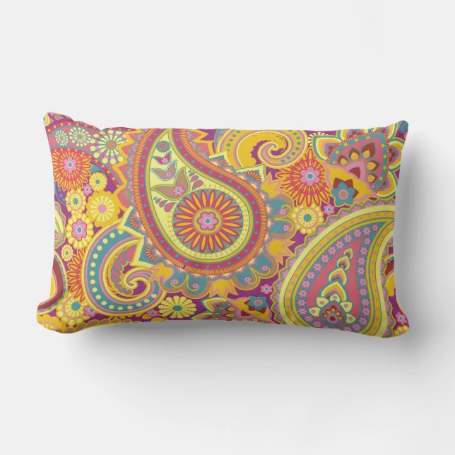 Paisley Pattern Yellow Purple Red Orange Outdoor Lumbar Cushion (Front)