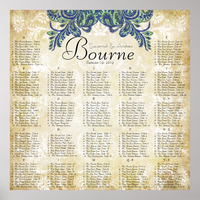 Paisley Peacock Colours Reception Seating Chart (Front)