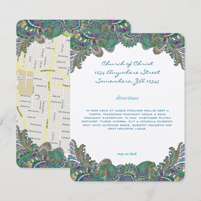 Paisley Peacock Colours Wedding Direction Receptio Invitation (Front/Back)