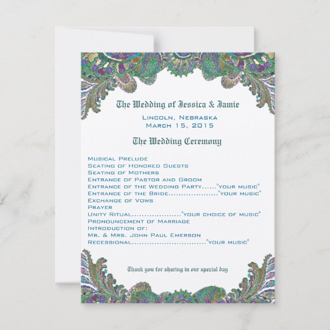 Paisley Peacock Colours Wedding Program (Front)