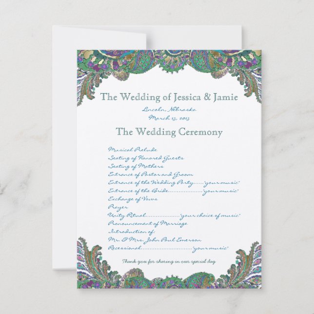 Paisley Peacock Colours Wedding Program (Front)