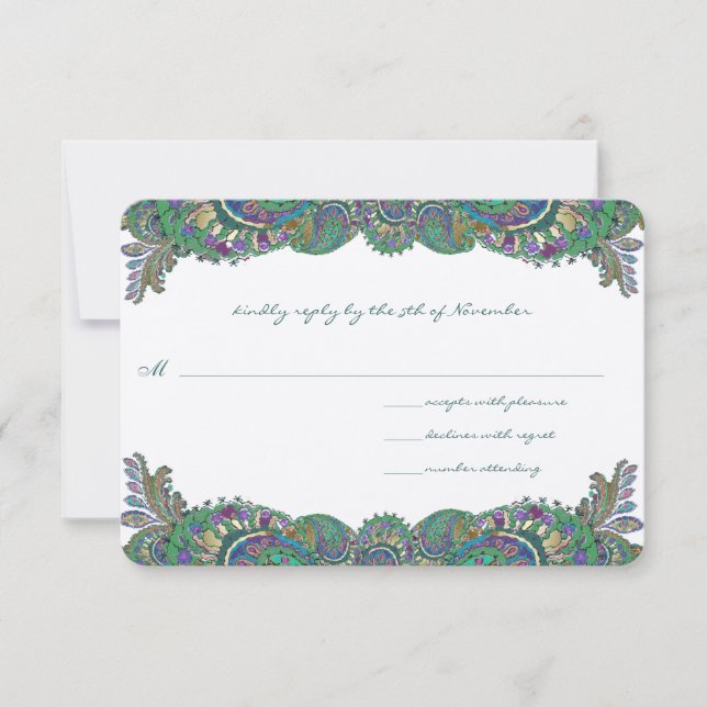 Paisley Peacock Colours Wedding Response Cards (Front)