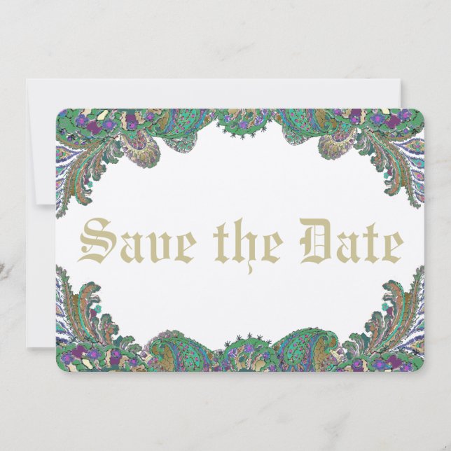 Paisley Peacock Colours Wedding Save the Date (Front)