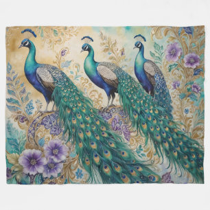 Paisley Peacock Floral Watercolor  Fleece Blanket