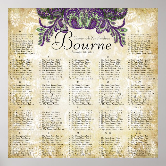 Paisley Peacock Purple Gold Wedding Seating Chart (Front)