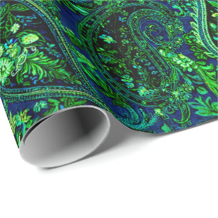 Paisley Profusion Vibrant Floral Blue Green Wrapping Paper