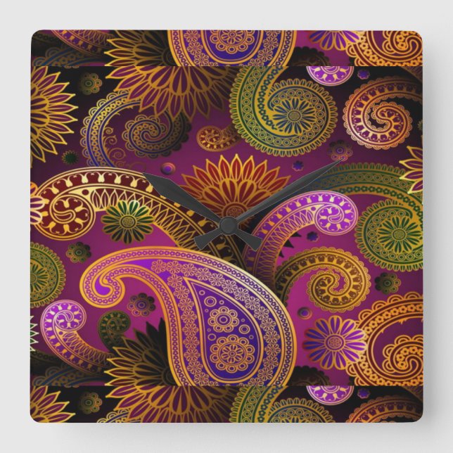 Paisley Purple Square Wall Clock (Front)