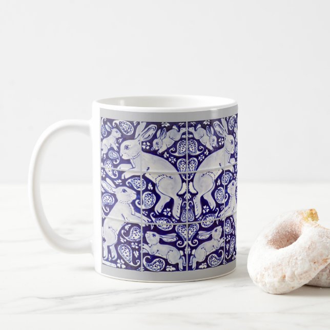 Paisley Rabbit Ceramic Tile Pattern Blue & White Coffee Mug (With Donut)