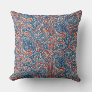 Paisley Red, White and Blue Faux Denim Cushion