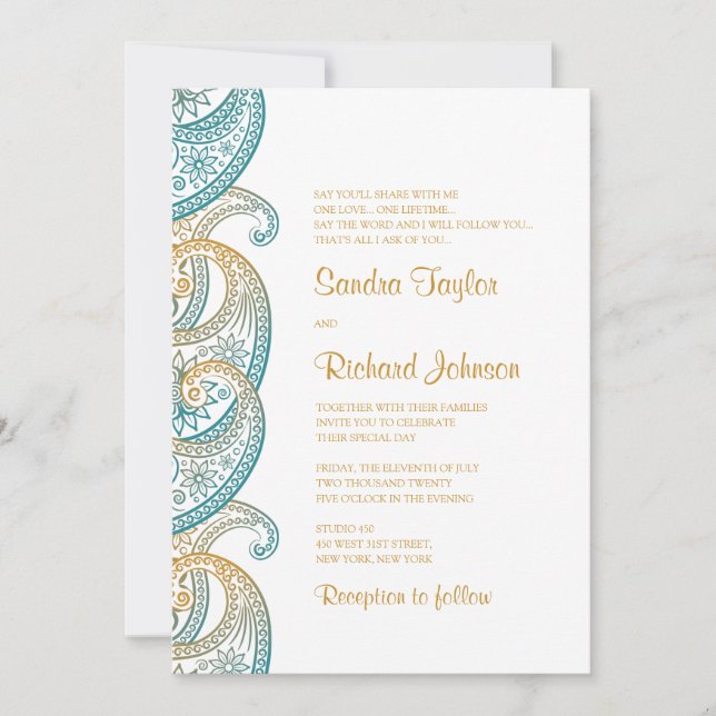 Paisley Teal & Gold Indian Wedding Invitation (Front)