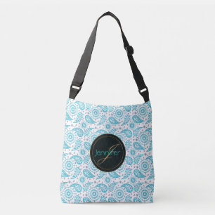 Paisley teal pattern. monogram. crossbody bag