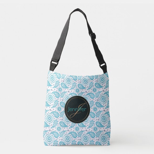 Paisley teal pattern. monogram. crossbody bag (Front)