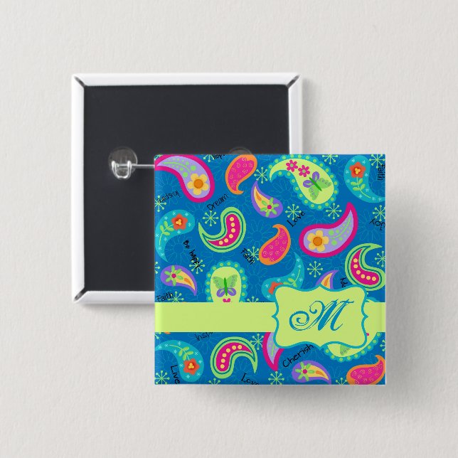 Paisley Turquoise Blue Green Modern Monogram 15 Cm Square Badge (Front & Back)