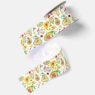 Paisley watercolor Christmas colourful custom Satin Ribbon
