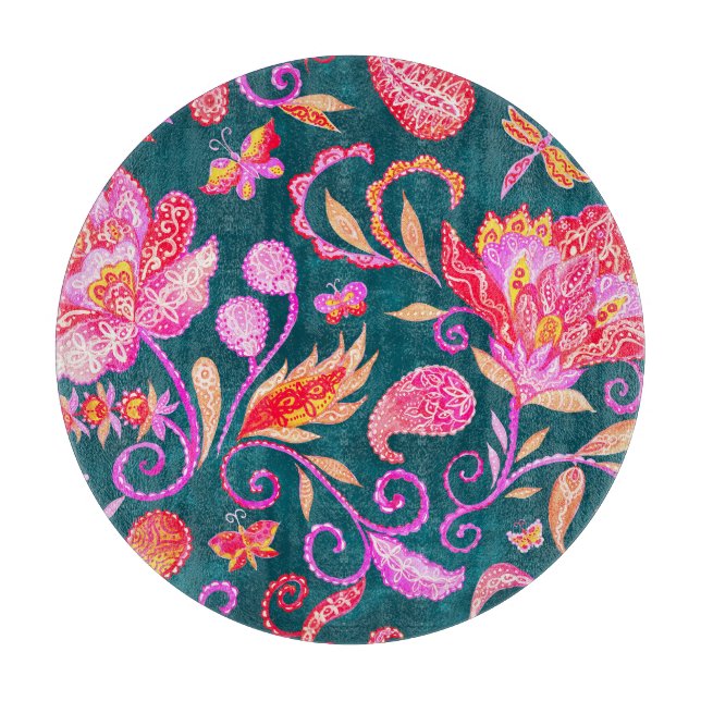 Paisley Watercolor Floral Pattern Tile Cutting Board (Front)